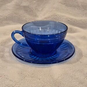 Vintage Hazel Atlas Aurora Cobalt Blue Glass Tea Cup and Saucer‎ Set
